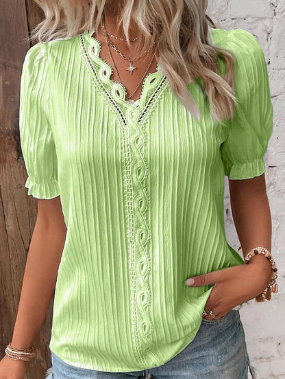Women's Pleated V-Neck Blouse with Puff Sleeves and Lace Trim