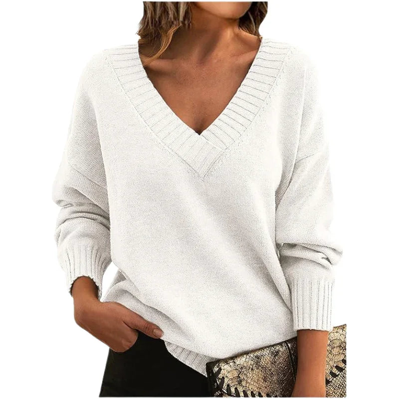 Women’s V-Neck Textured Knit Jumper with Relaxed Fit Regular Length
