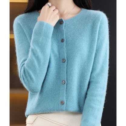 Women's Soft Knit Cardigan with Round Neck and Button Closure