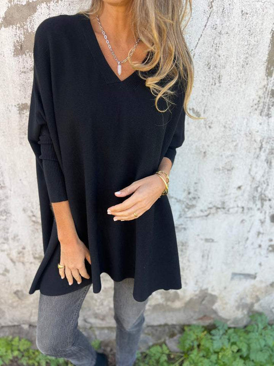 Women’s Oversized V-Neck Shirt with Drop Shoulders and Long Sleeves
