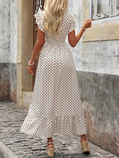 Women's Floral Maxi Dress with Smocked Waist and Ruffle Sleeves