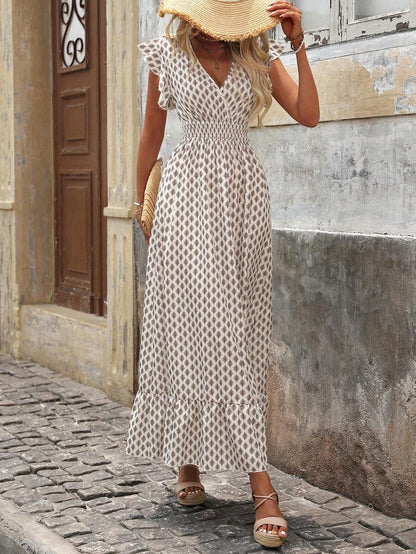 Women's Floral Maxi Dress with Smocked Waist and Ruffle Sleeves