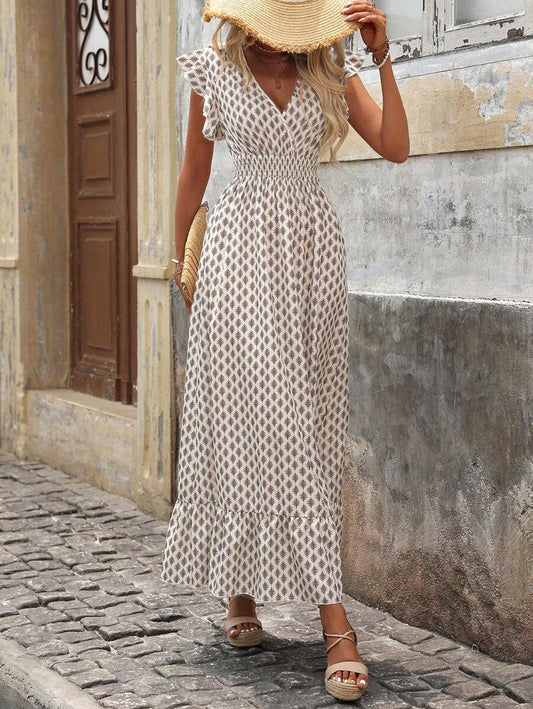 Women's Floral Maxi Dress with Smocked Waist and Ruffle Sleeves