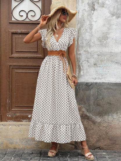 Women's Floral Maxi Dress with Smocked Waist and Ruffle Sleeves