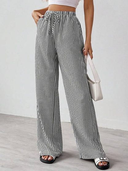 Women's Striped Wide-Leg Trousers with Elastic Waistband