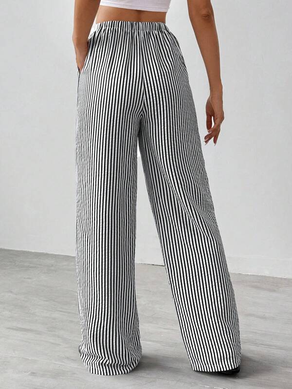 Women's Striped Wide-Leg Trousers with Elastic Waistband