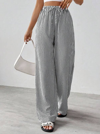 Women's Striped Wide-Leg Trousers with Elastic Waistband