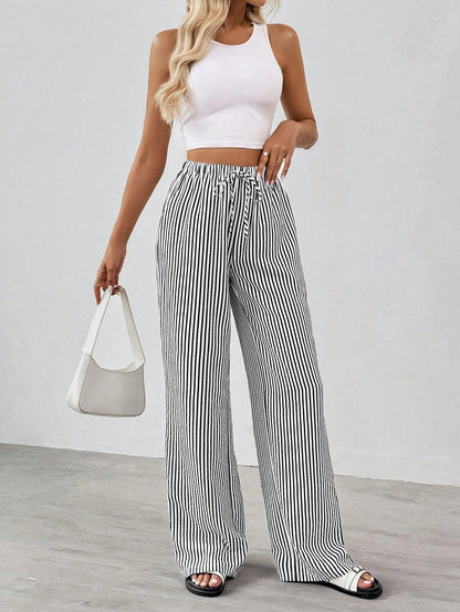 Women's Striped Wide-Leg Trousers with Elastic Waistband