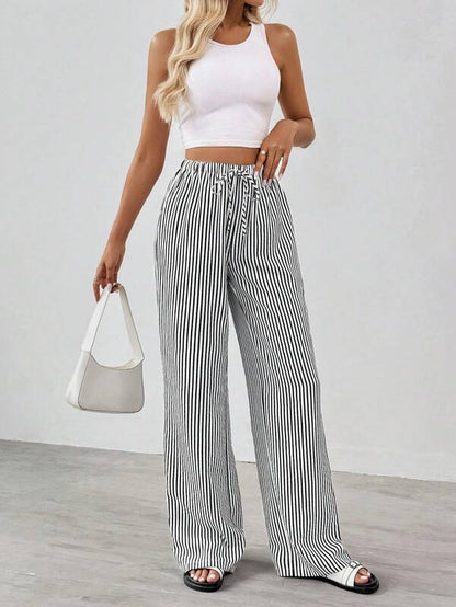 Women's Striped Wide-Leg Trousers with Elastic Waistband