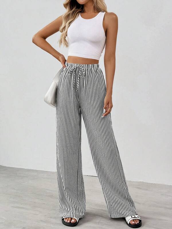 Women's Striped Wide-Leg Trousers with Elastic Waistband