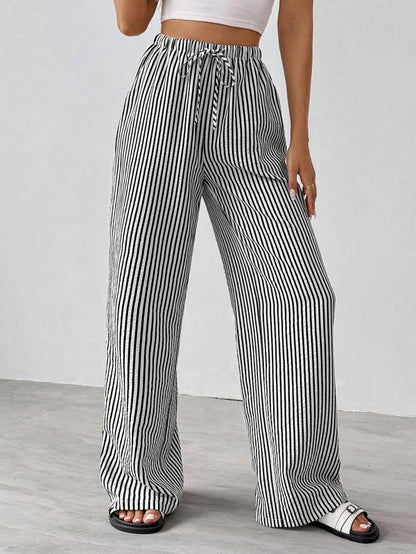 Women's Striped Wide-Leg Trousers with Elastic Waistband