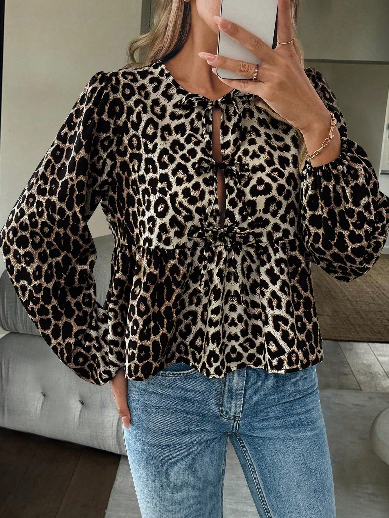 Women's Leopard Print Tie Neck Blouse with Lantern Sleeves
