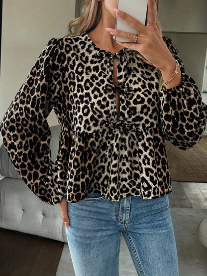 Women's Leopard Print Tie Neck Blouse with Lantern Sleeves