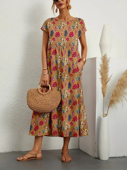 Women's Short-Sleeve Printed Midi Dress
