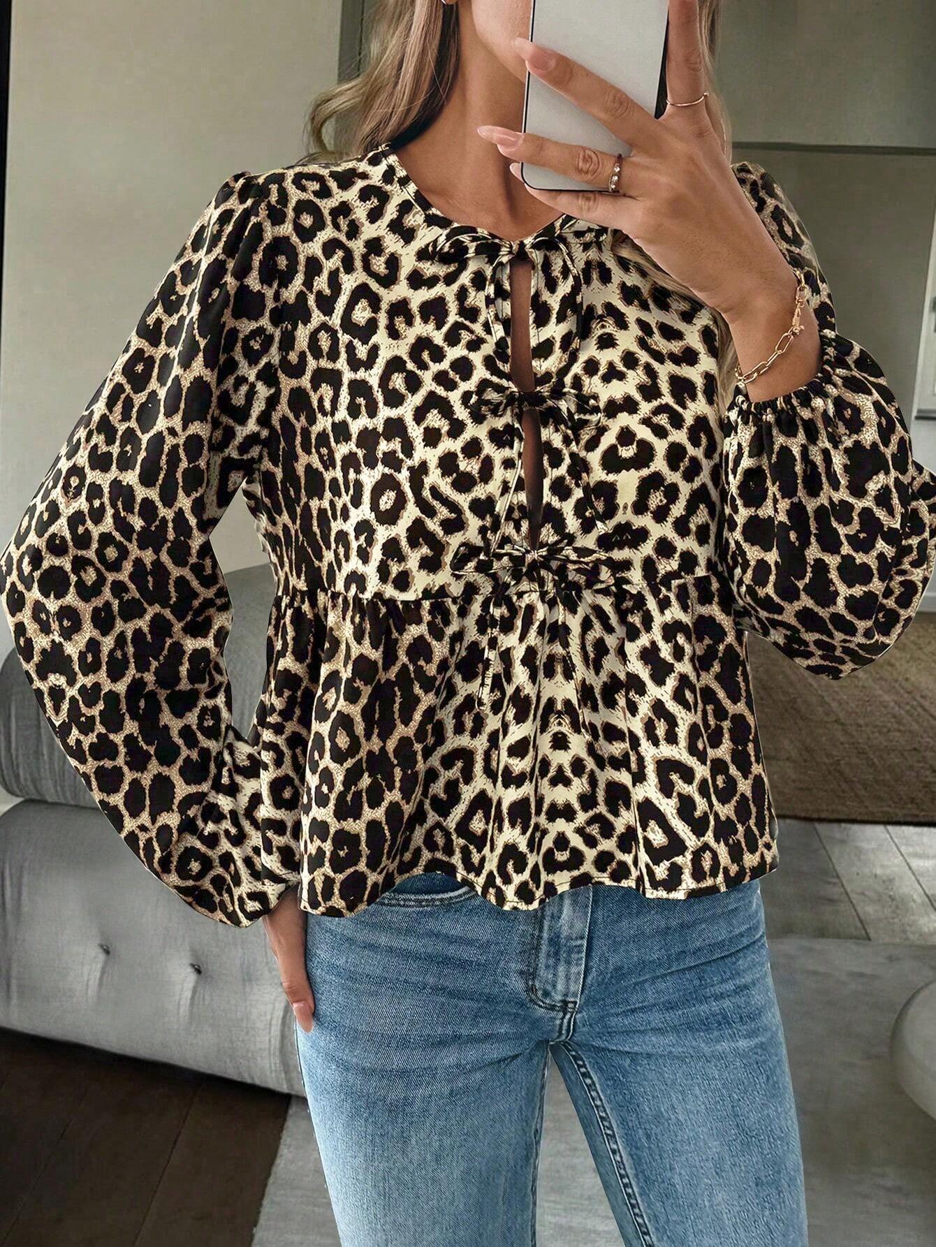 Women's Leopard Print Tie Neck Blouse with Lantern Sleeves