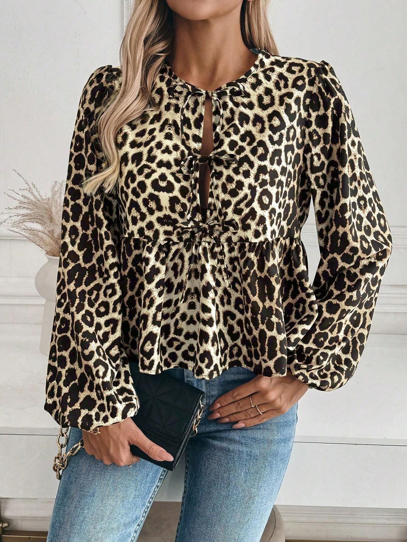 Women's Leopard Print Tie Neck Blouse with Lantern Sleeves