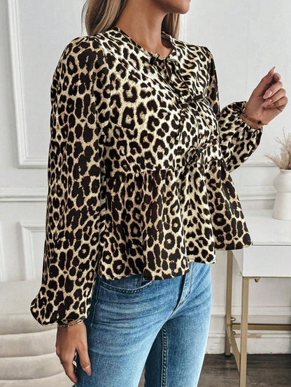 Women's Leopard Print Tie Neck Blouse with Lantern Sleeves