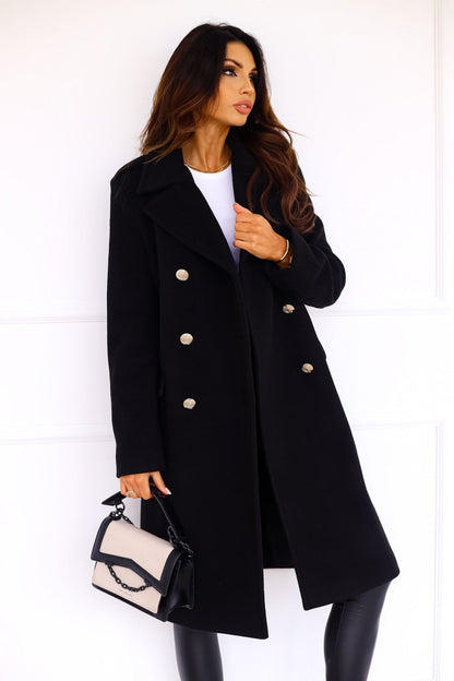 Women's Double-Breasted Long Coat with Gold Button Accents