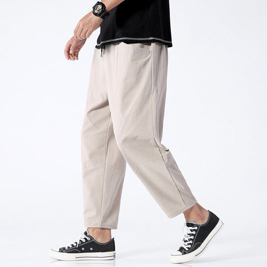 Men's Relaxed Fit Cropped Pants with Elastic Waist and Side Pockets