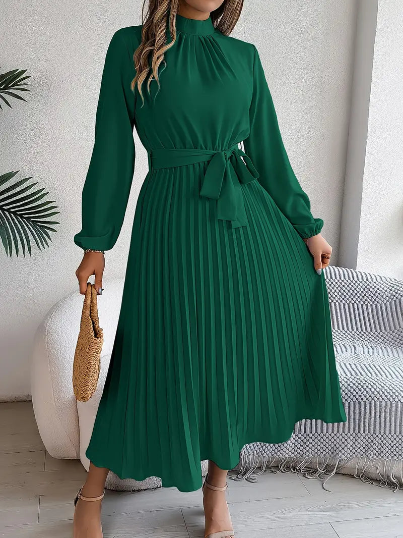 Women's Chic Pleated Midi Dress with Belted Waist