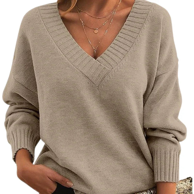 Women’s V-Neck Textured Knit Jumper with Relaxed Fit Regular Length