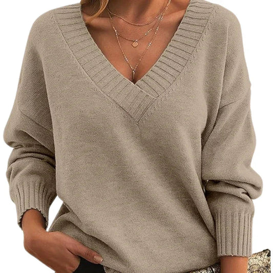 Women’s V-Neck Textured Knit Jumper with Relaxed Fit Regular Length