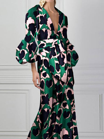 Women's Bohemian Maxi Dress with Puff Sleeves and Deep V-Neck