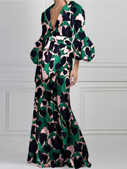 Women's Bohemian Maxi Dress with Puff Sleeves and Deep V-Neck