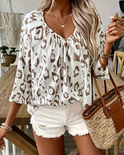 Women's Leopard Print Long-Sleeve Blouse with Gathered Neckline
