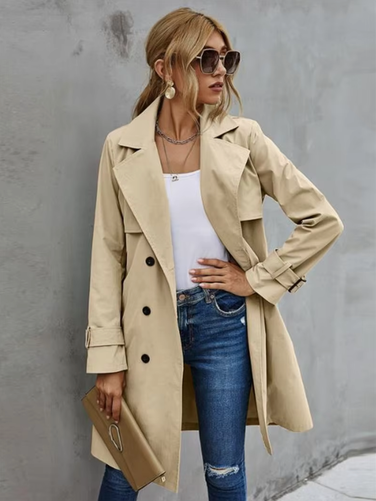Women's Classic Trench Coat with Double Breasted Button Front
