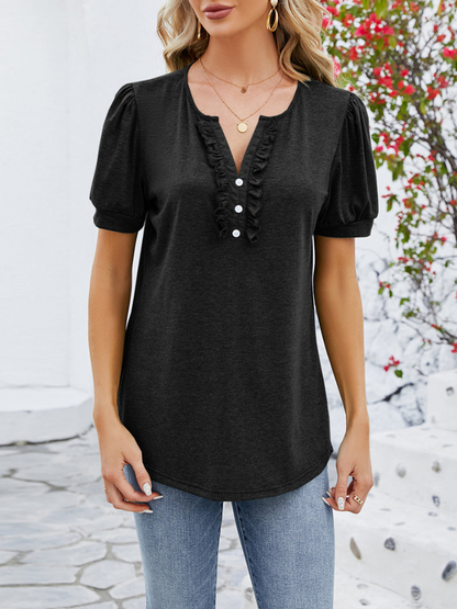 Women's Short-Sleeve Blouse with Button Front and Puff Sleeves