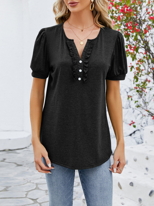 Women's Short-Sleeve Blouse with Button Front and Puff Sleeves