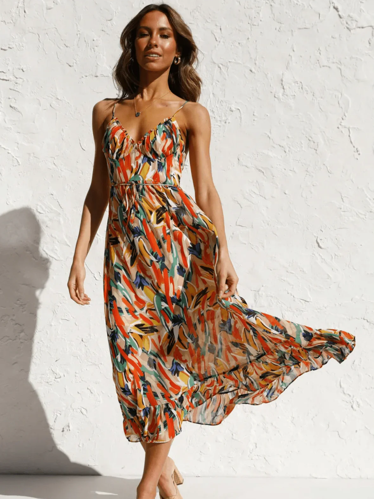 Women’s Floral V-Neck Midi Dress with Ruffled Hem