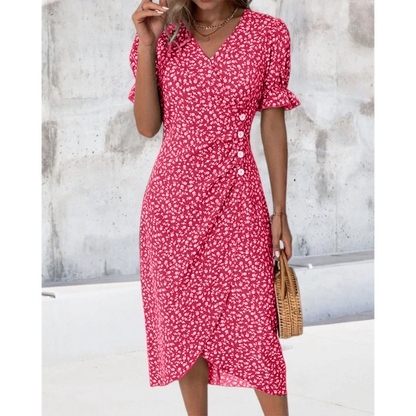 Summer Midi Dress for Women with Puff Sleeves and Buttons