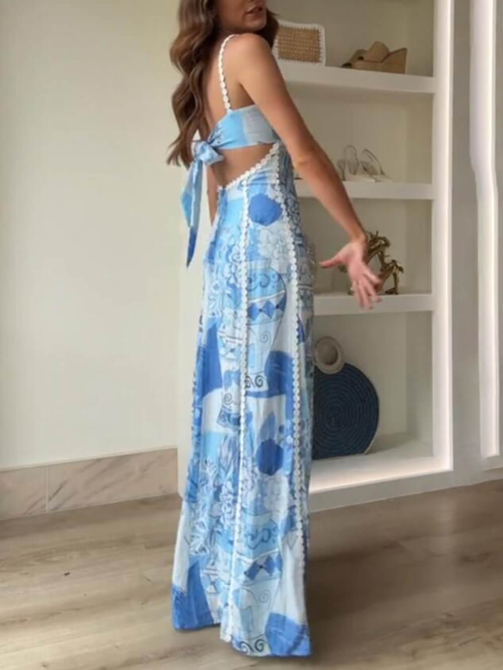 Women’s Printed Halter Strap Maxi Dress with Lace Patchwork and Back Tie