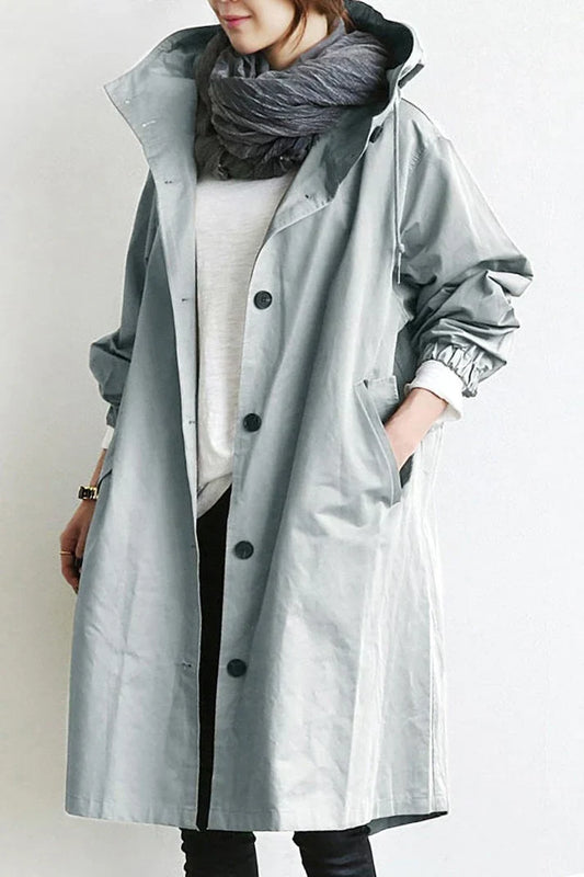 Women's Oversized Button-Up Trench Coat with Hood and Pockets