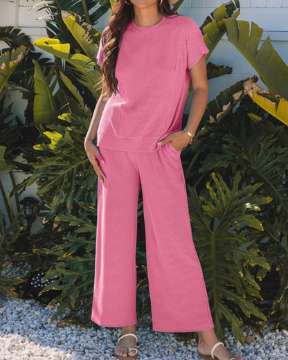 Women's Ribbed Two-Piece Set with Relaxed T-Shirt and Wide-Leg Pants