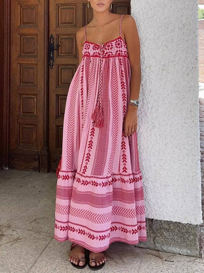 Women's Ethnic Print Maxi Dress with Tassel Tie and Spaghetti Straps
