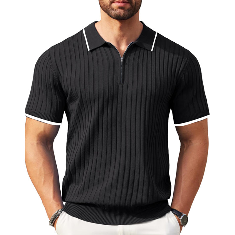 Men's Ribbed Short-Sleeve Zip Polo Shirt with Contrast Trim