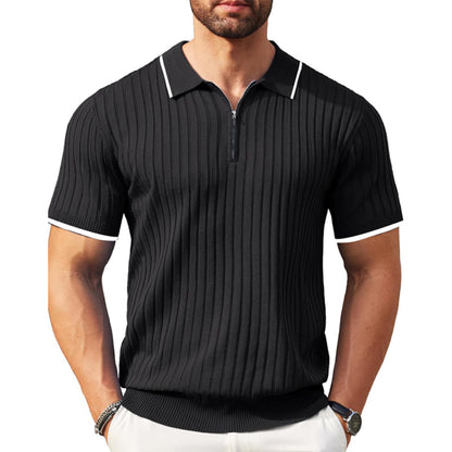Men's Ribbed Short-Sleeve Zip Polo Shirt with Contrast Trim