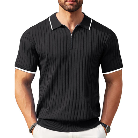 Men's Ribbed Short-Sleeve Zip Polo Shirt with Contrast Trim