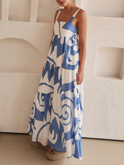 Women's Geometric Print Maxi Dress with Wide Straps and Tiers
