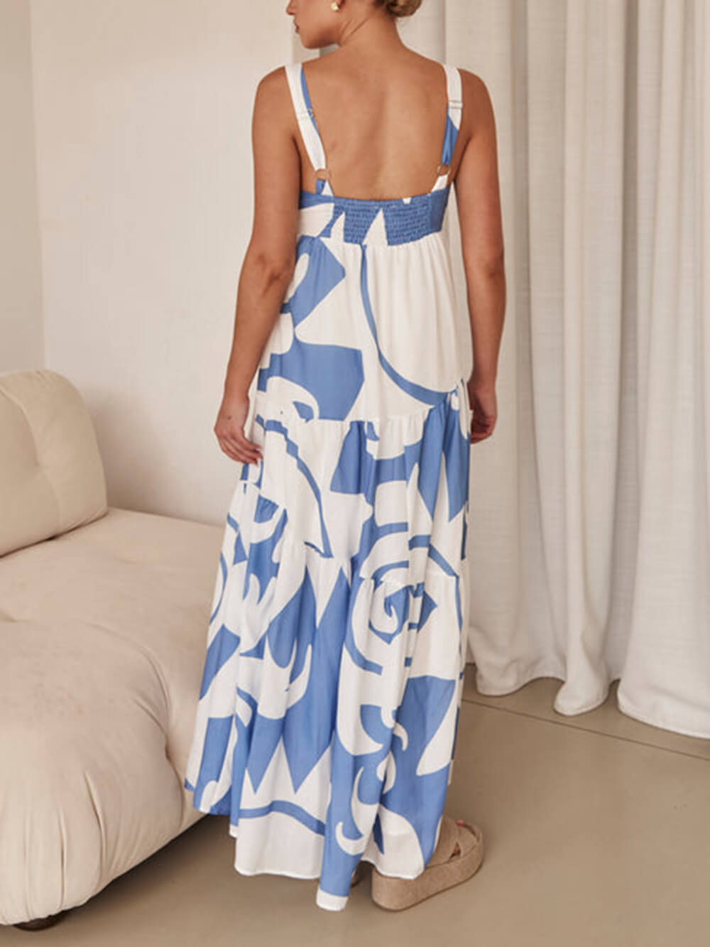 Women's Geometric Print Maxi Dress with Wide Straps and Tiers