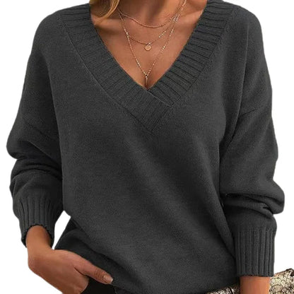 Women’s V-Neck Textured Knit Jumper with Relaxed Fit Regular Length