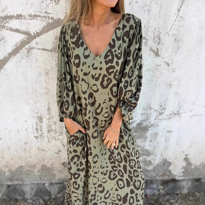 Women's V-Neck Maxi Dress with Animal Print and Long Sleeves