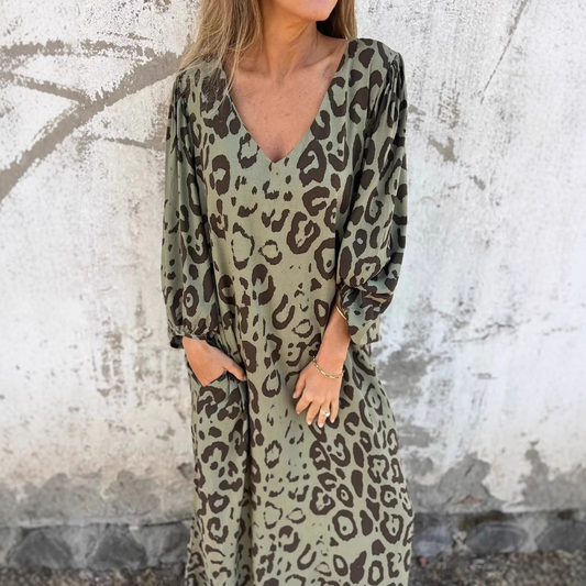 Women's V-Neck Maxi Dress with Animal Print and Long Sleeves