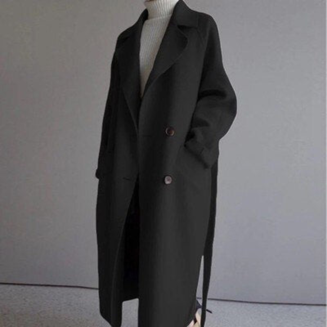 Women's Belted Longline Coat with Oversized Lapels and Pockets