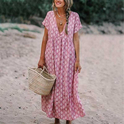 Women's Printed Maxi Dress with V-Neck and Relaxed Short Sleeves