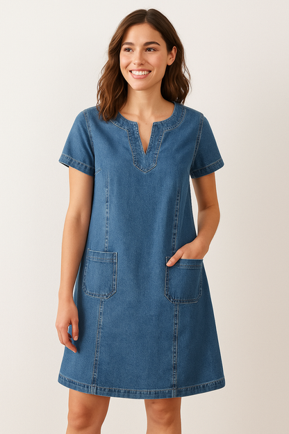 Women’s Casual Mini Dress with Functional Pockets and Short Sleeves