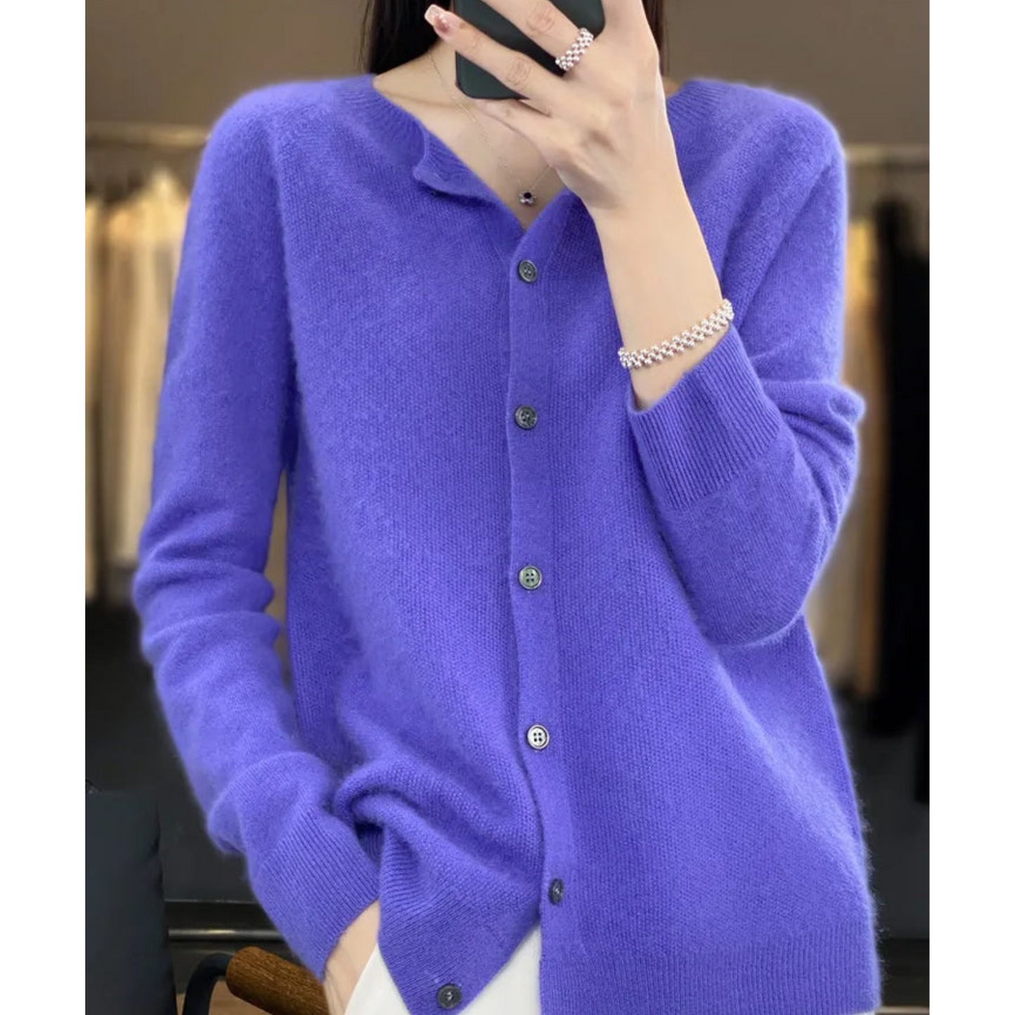 Women's Soft Knit Cardigan with Round Neck and Button Closure